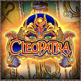 Online Egyptian Slot Golden Reels Behind Green Eyed Egyptian Queen Cleopatra With Golden Headdress.