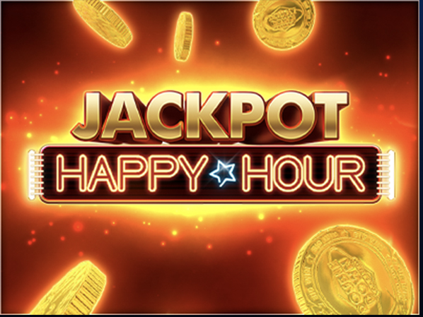 Glowing Jackpot Happy Hour Sign In Front of Red Background With Flying Gold Coins